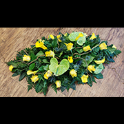 Double Ended Casket Spray Yellow Roses Green Anthurium and Thistle