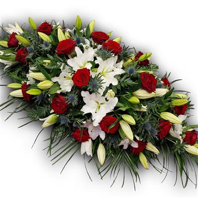 Casket spray, red roses, white lily, thistle