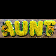 Painted lettering AUNT, yellow, green ribbon