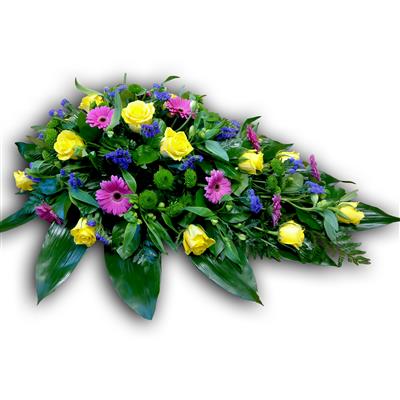 Superb Single Ended Spray Yellow Roses Pink Germini Purple Statice