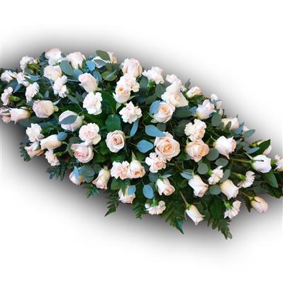 Peach Roses, Carnations, casket spray
