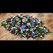 Double Ended Casket Spray Blue Hydrangea Red Roses White Tulips