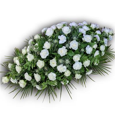 White roses, carnations, thistle, casket spray