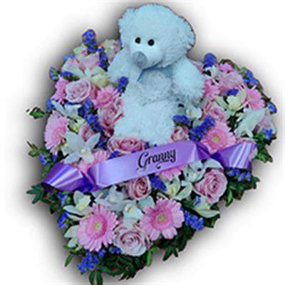 Full Heart with teddy, pink, white, lilac with sash