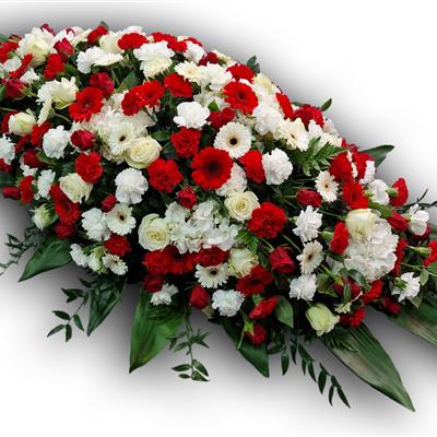 Casket spray, red and white, roses, cars, germini
