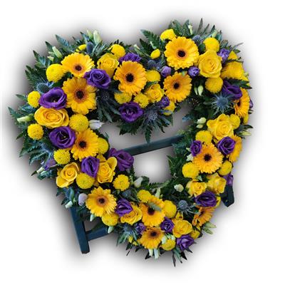 Open Heart, purple, yellow on stand